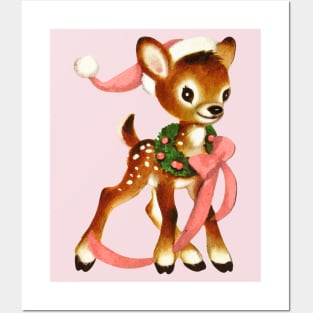 Retro Christmas Reindeer with Wreath Posters and Art